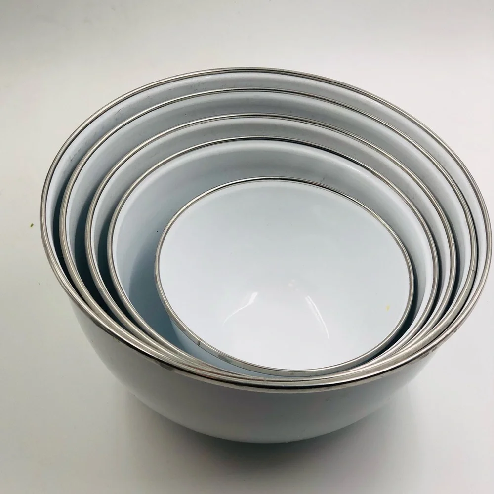 White Enamel Mixing Bowl Set with Silver Rim (set of 5)